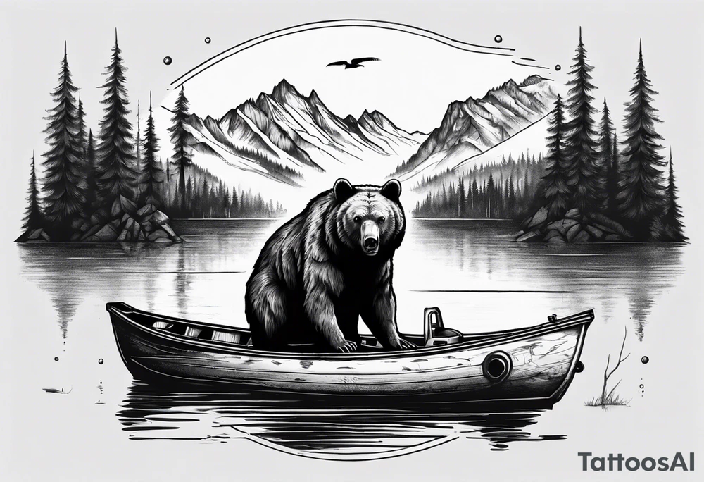 bear head right above the forest line with a lake below with a small fisher boat floating on it, full sleeve tattoo tattoo idea
