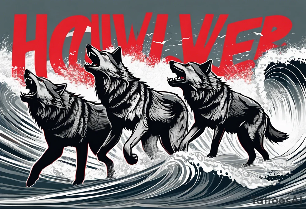a pack of 3 howling muscular  gray wolves surfing waves with a linear background with red, white and black and gray including the word Howler in an aggressive script font tattoo idea