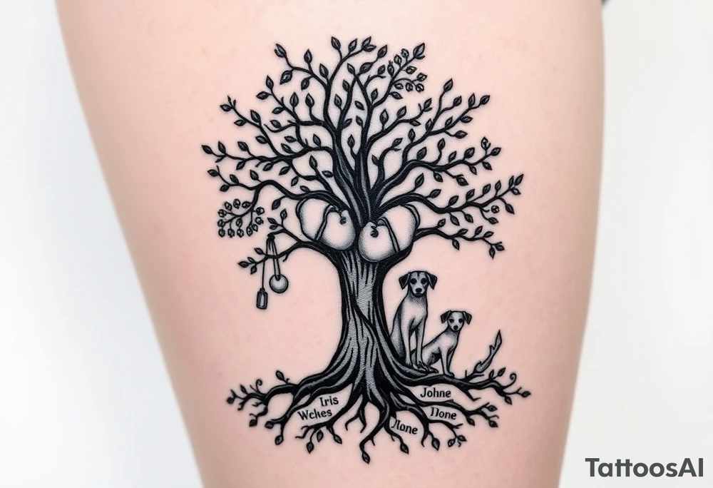Hippy beech tree full of life. 
Jamie, Derek, Iris, John, bill, Winnie names in the roots, Mavis, Garhi, Mickey, Pam, Lucy, in the branches at the top. Names can be in Hebrew. 
Three dogs a Rhodesian Ridgeback, King Charles cavalier and chihuahua. 
Prett, feminine ornate. Boxing gloves hanging from tree tattoo idea