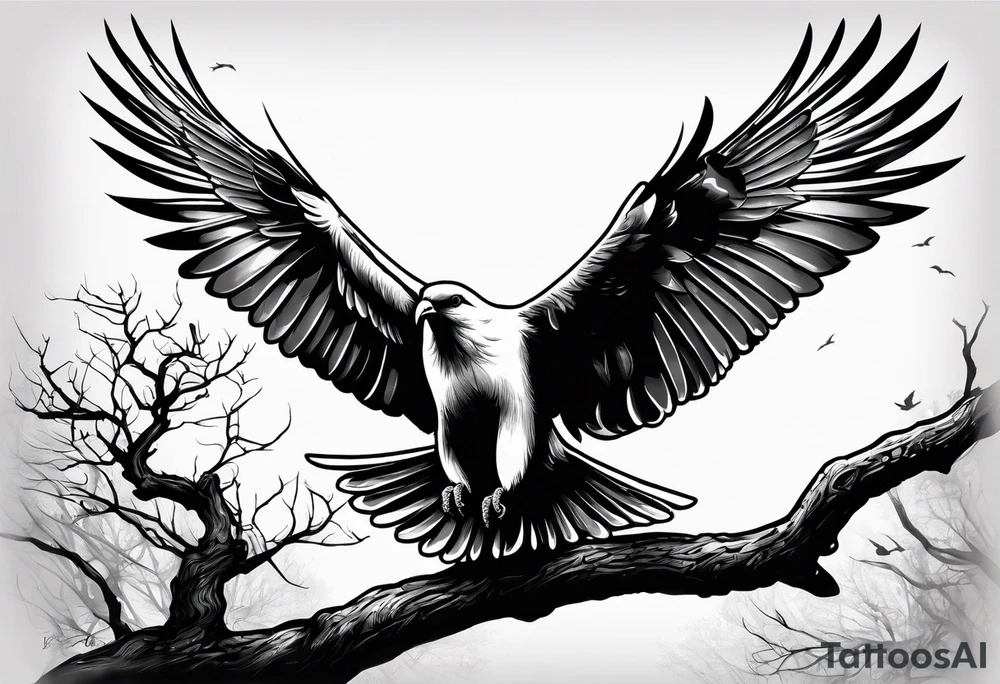 Dove sitting on a branch in the distance with an eagle flying tattoo idea