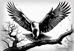 Dove sitting on a branch in the distance with an eagle flying tattoo idea