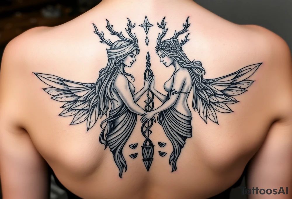 Goddesses Hecate and Freya intertwined by magic. With both feminine and masculine qualities. tattoo idea