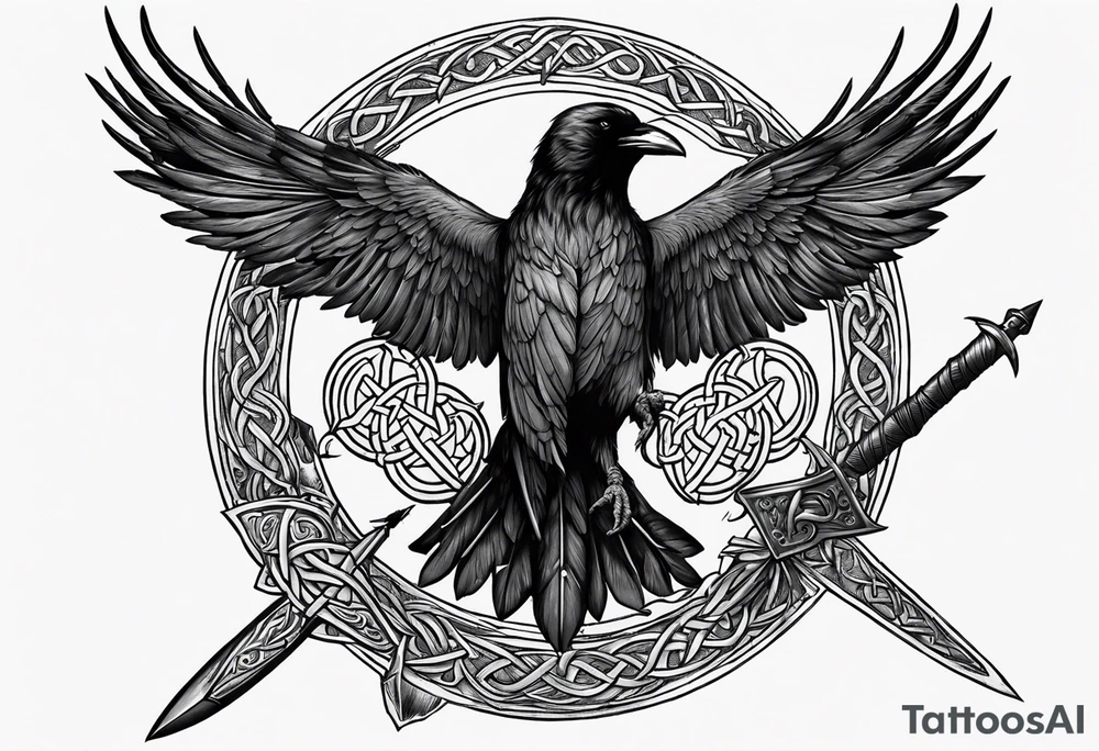 3 ravens circling a dead body with 3 spears stuck in it. One spear has a banner with celtic erit8ng on it tattoo idea