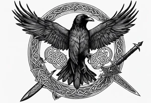 3 ravens circling a dead body with 3 spears stuck in it. One spear has a banner with celtic erit8ng on it tattoo idea