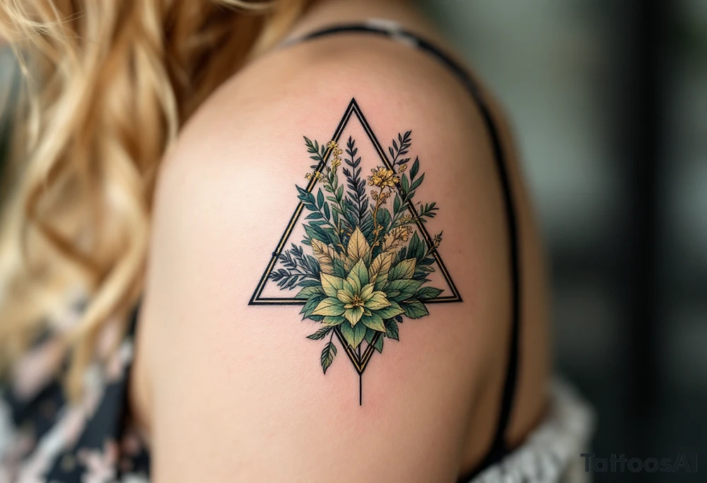 A black triangle filled with botanical linework in green and gold, combining geometry with growth located on the back of the head tattoo idea