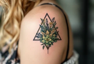 A black triangle filled with botanical linework in green and gold, combining geometry with growth located on the back of the head tattoo idea