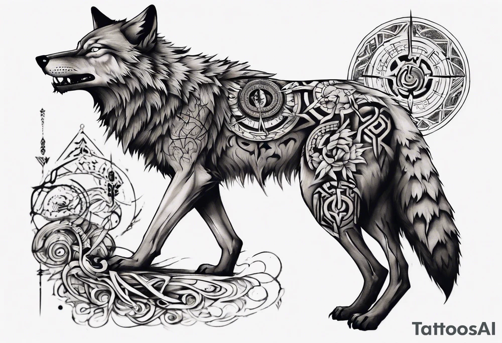 want a half sleeve on my left forearm featuring a side profile of wolf with a vegvisir for its eye and red eye, surrounded by Māori patterns and Norse symbols tattoo idea