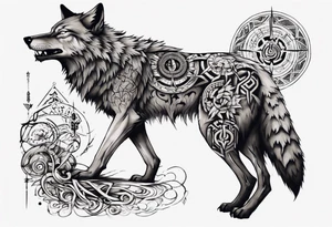want a half sleeve on my left forearm featuring a side profile of wolf with a vegvisir for its eye and red eye, surrounded by Māori patterns and Norse symbols tattoo idea