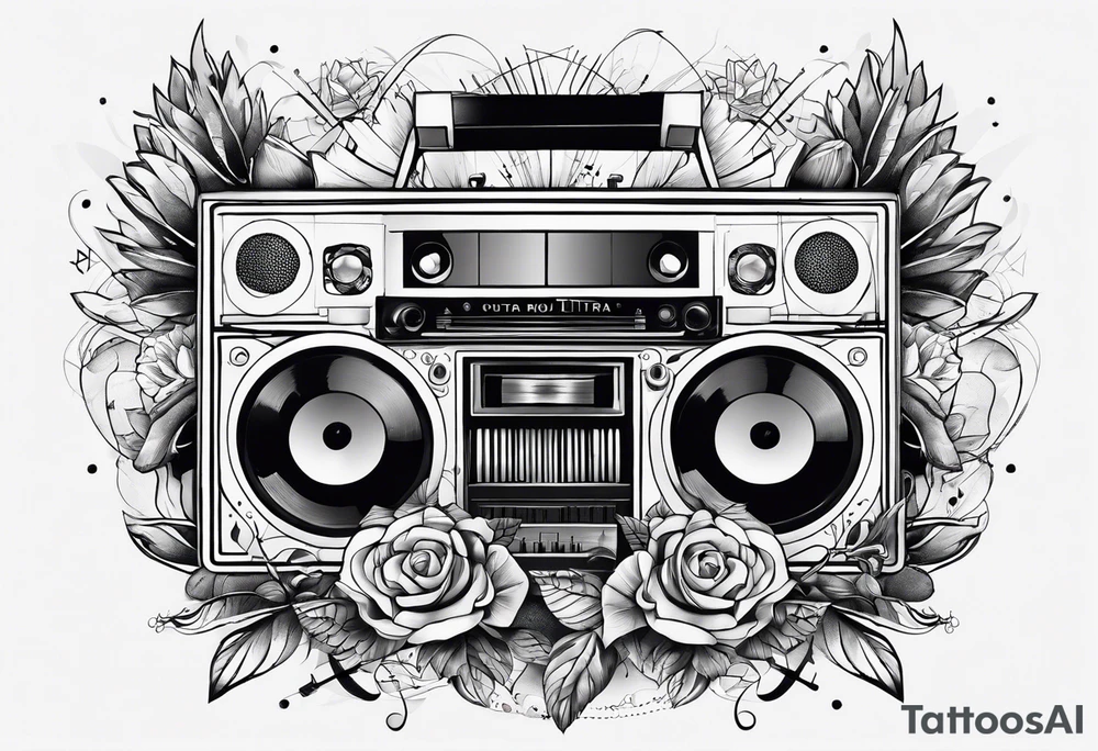 geometric tattoo with music notes, a cassette tape, and
instruments tattoo idea