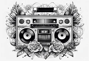 geometric tattoo with music notes, a cassette tape, and
instruments tattoo idea