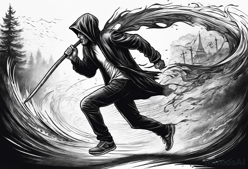 A picture showing a man chasing/running after the grim reaper tattoo idea