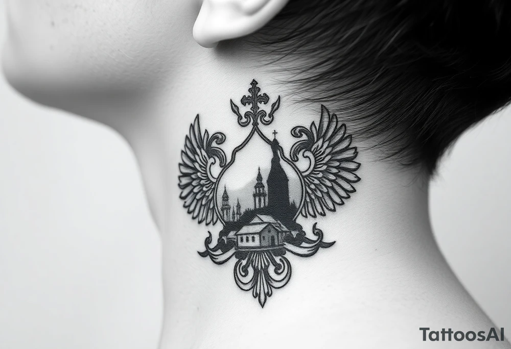 Traditional authentic Russian coat of arms with a Christian orthodox virgin marry in the middle and silhouette in a Russian wilderness Christian orthodoxy dome church village setting on the side of my neck tattoo idea