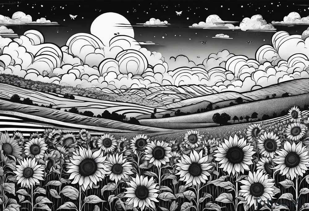 dreamy sunflower meadow valley with two large bumble occupying the sky with perfect cumulous clods tattoo idea