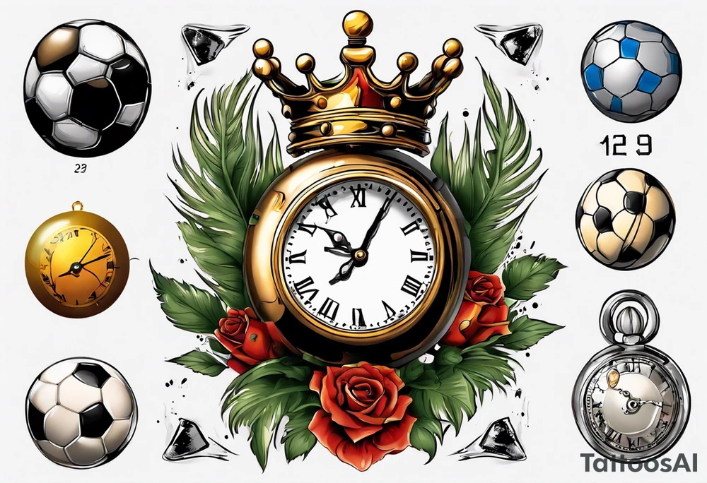 Ballon de foot avec le numéro23,  une horloge avec une couronne,  le tout avec au fond un taureau tattoo idea