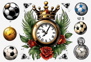 Ballon de foot avec le numéro23,  une horloge avec une couronne,  le tout avec au fond un taureau tattoo idea