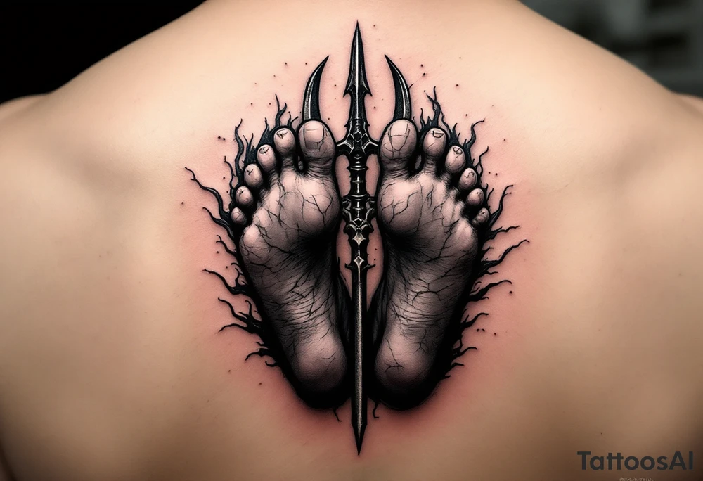 barefeet behind trident tattoo idea