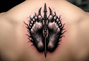 barefeet behind trident tattoo idea