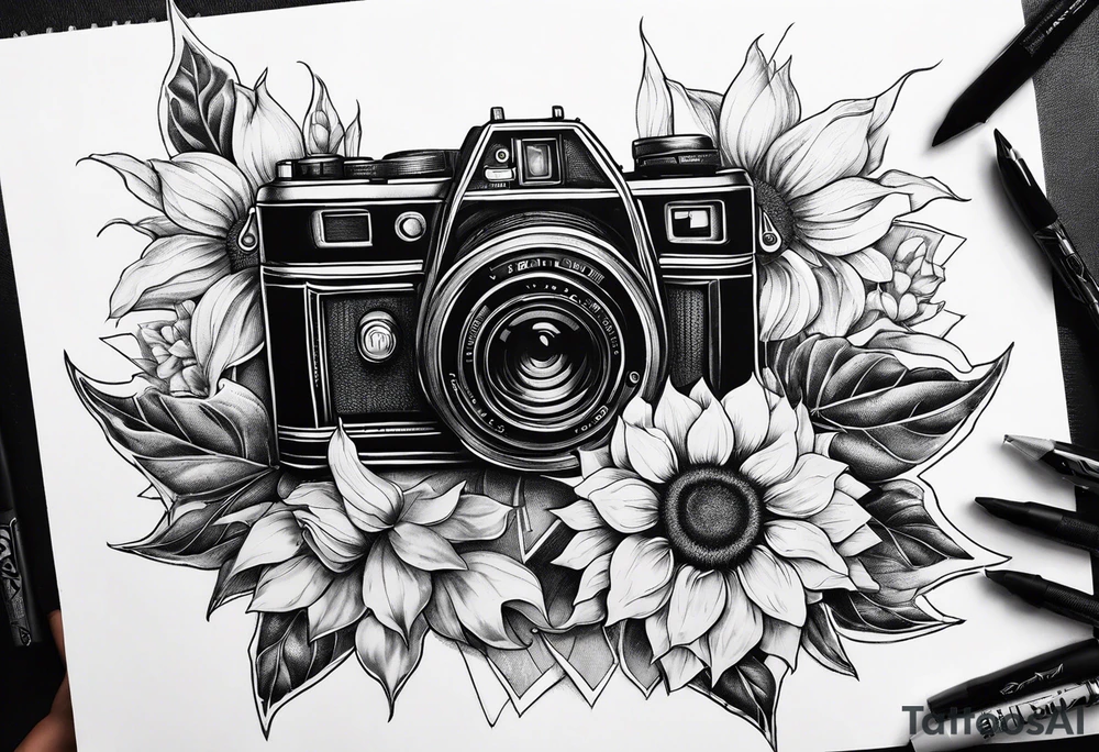sunflower, camera, flower rose , book tattoo idea
