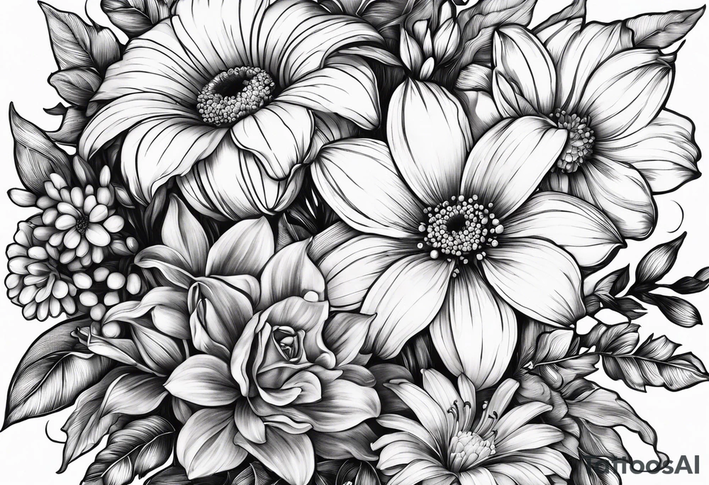 Two roses, two daisies, one daffodil, one chrysanthemum, one gladiolus, one lily of the valley tattoo idea