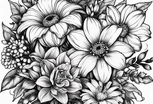 Two roses, two daisies, one daffodil, one chrysanthemum, one gladiolus, one lily of the valley tattoo idea