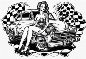 Topless pinup doll sitting on the hood of an old car tattoo idea