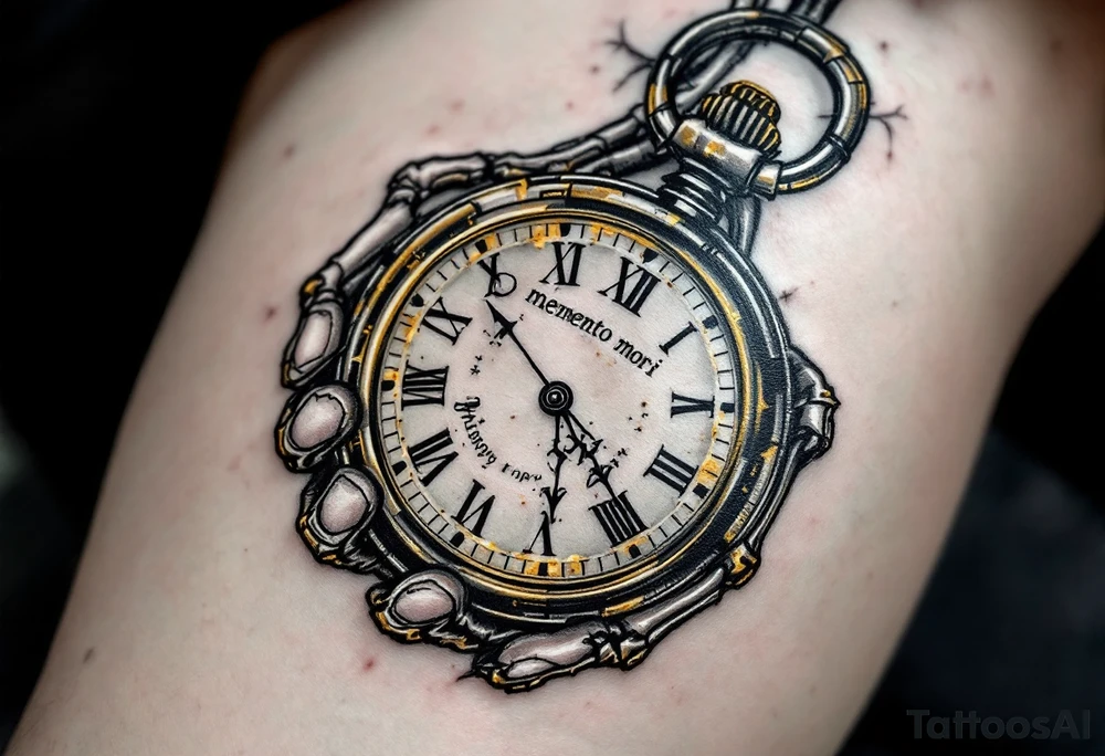 A monochrome skeleton hand holding a ticking pocket watch with gold highlights, "memento mori" engraved across the watch face. tattoo idea