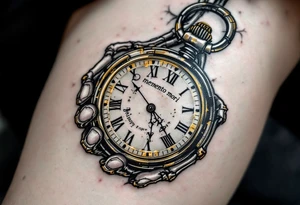 A monochrome skeleton hand holding a ticking pocket watch with gold highlights, "memento mori" engraved across the watch face. tattoo idea