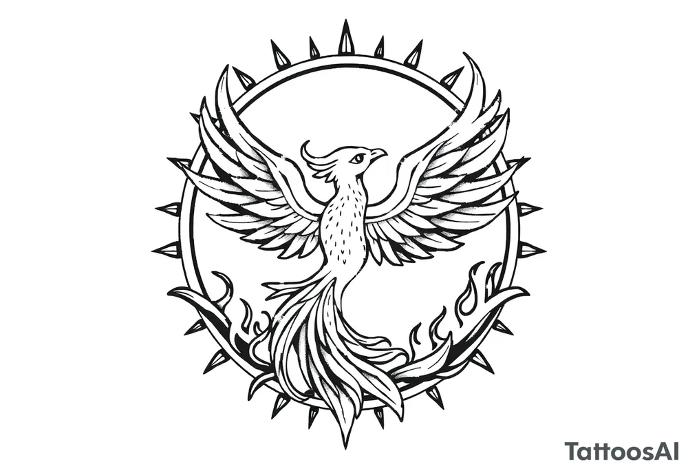 magical phoenix rising from golden flames with trailing embers surrounded by geometric sun and moon tattoo idea