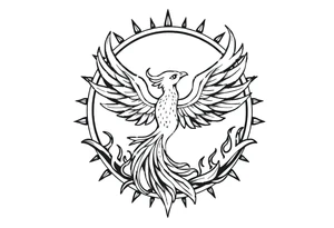 magical phoenix rising from golden flames with trailing embers surrounded by geometric sun and moon tattoo idea