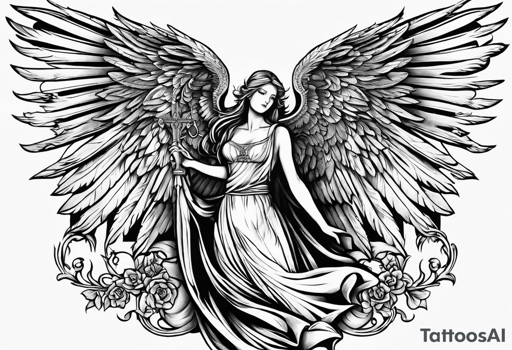 Right wing of an angel wrapping the nam written in gothic letters. tattoo idea