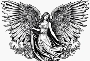 Right wing of an angel wrapping the nam written in gothic letters. tattoo idea