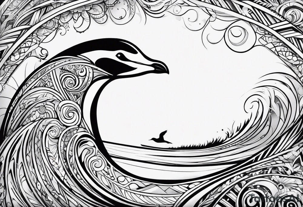 Surfboard outline with a penguin inside and the dat 25/07 tattoo idea