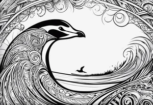 Surfboard outline with a penguin inside and the dat 25/07 tattoo idea