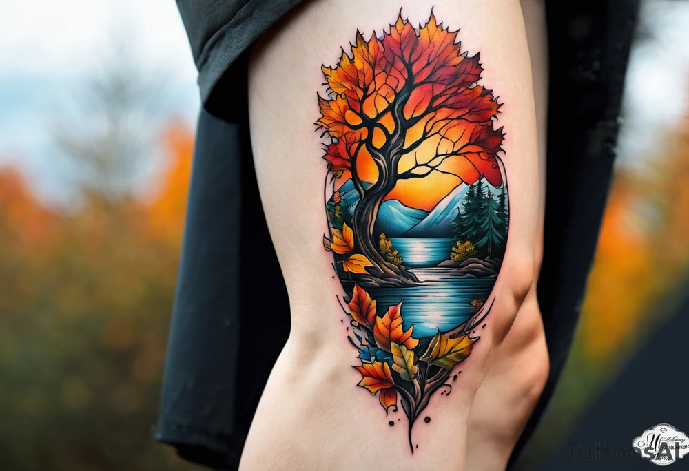Knee tattoo with fall colors showing leaves, water flow, trees and sky tattoo idea