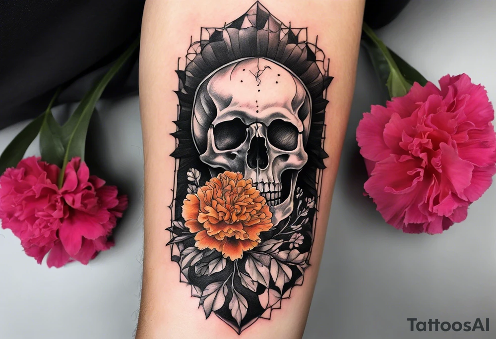 Left forearm tattoo of sunset and carnations on the outside of the forearm and on the inside there will be marigolds and a small skull tattoo idea