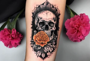 Left forearm tattoo of sunset and carnations on the outside of the forearm and on the inside there will be marigolds and a small skull tattoo idea