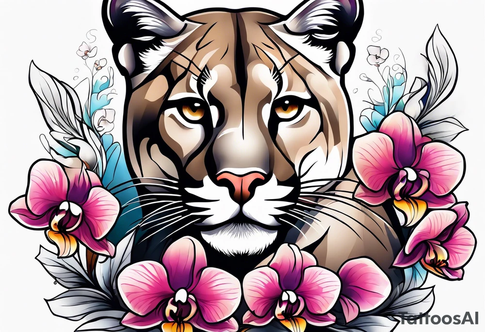Mountain lion with orchids tattoo idea