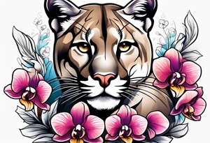 Mountain lion with orchids tattoo idea