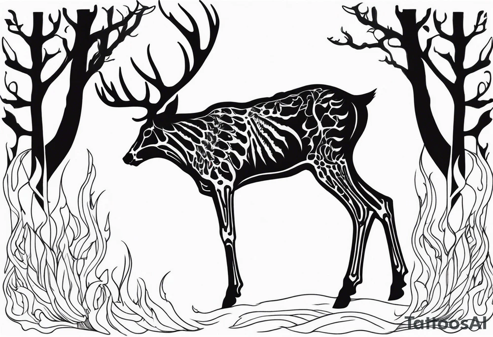 side view of a deer humanoid skeleton JUST BONE surrounded by a flames and trees tattoo idea