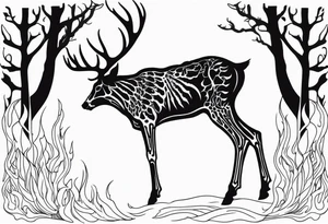 side view of a deer humanoid skeleton JUST BONE surrounded by a flames and trees tattoo idea