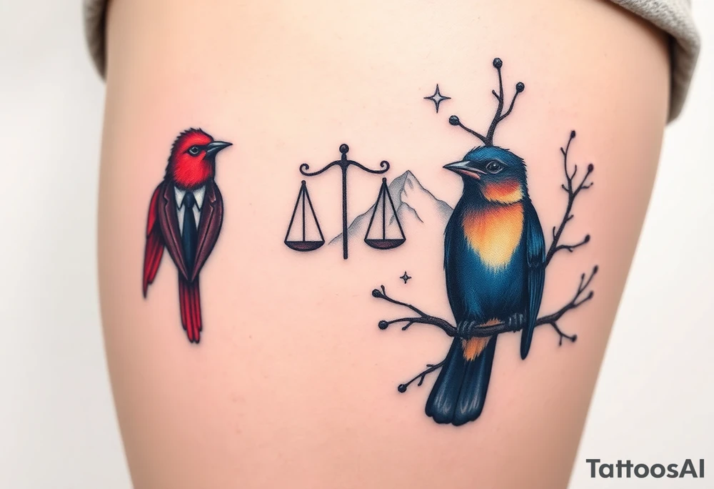 2 birds as the focus, 1 red bird in a suit, 1 navy blue bird with glasses, scales of justice in a tree, starry night painting and mountain background tattoo idea
