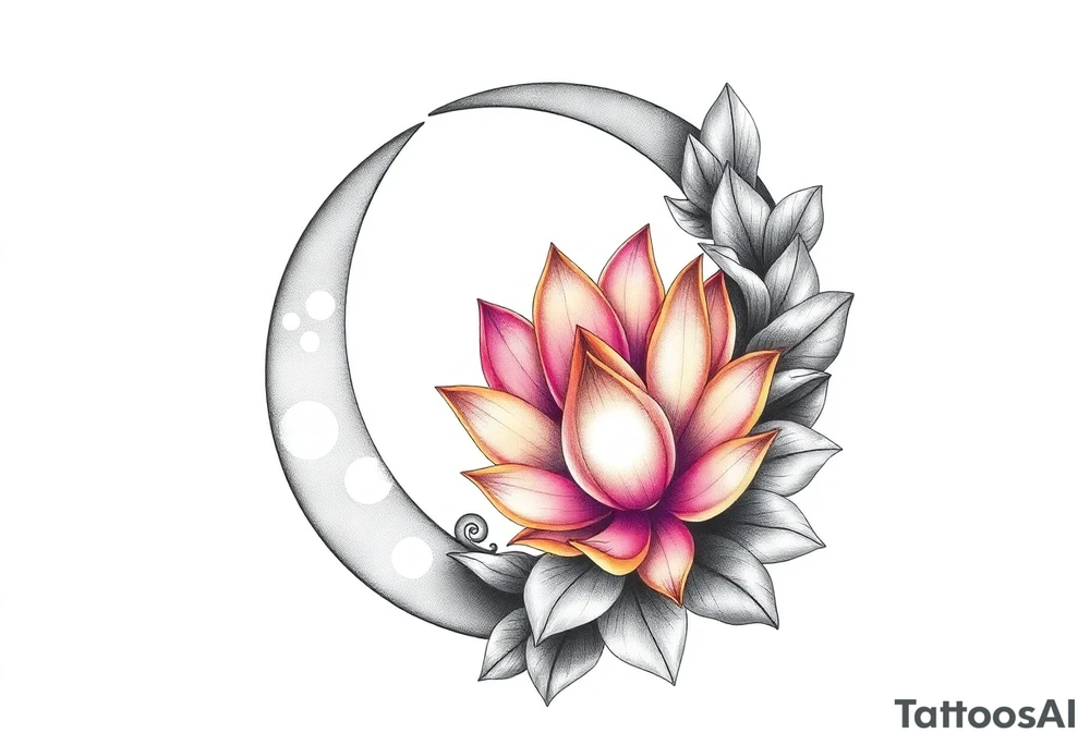 crescent floral moon with lotus flower glowing tattoo idea