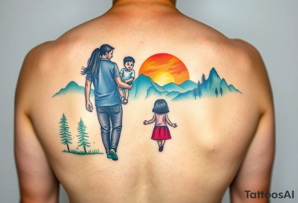 Family 2 parents, 1 baby boy, one 3-year girl walking through the the sunset and mountains tattoo idea