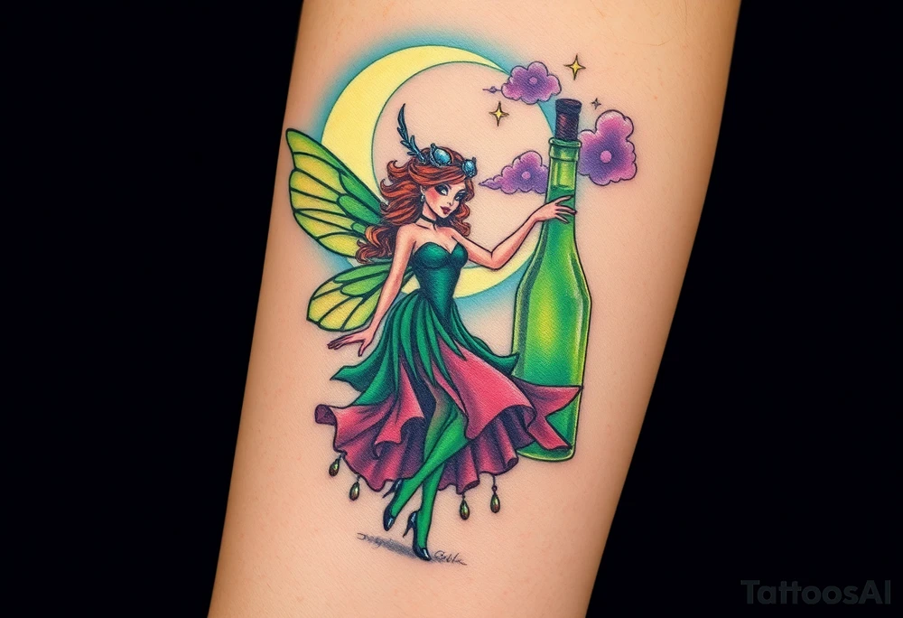 Tim Burton’s pin up style Vintage Parisian elegant and beautiful yet eerie full body absinthe Green Fairy dances outside her victorian crystal decatur absinthe bottle Absinthe Art Nouveau   and dripping with muted reds, dusty pinks, and eerie green glow.purple and cyan smokey clouds swirl in the crescent moonlit sky thats sprinkled with stars tattoo idea