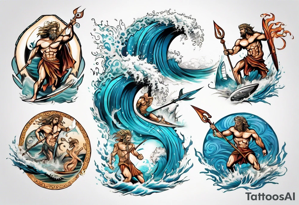 Ancient Greek gods of the sea fighting with surfer  and trident tattoo idea