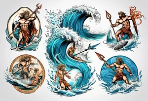 Ancient Greek gods of the sea fighting with surfer  and trident tattoo idea