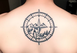 Open compass, bottom half with mountains, trees, stream, and tent. The S of the compass should be a fishing lure tattoo idea