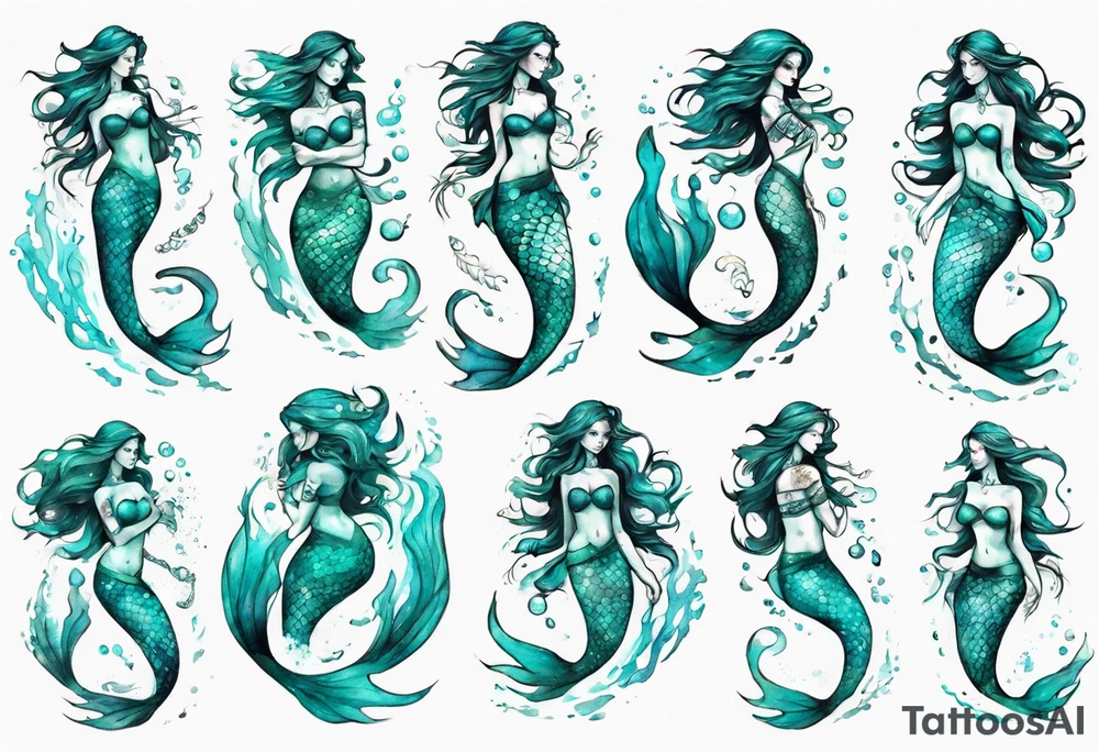 a turquoise mermaid standing in the sea surrounded by crashing waves tattoo idea