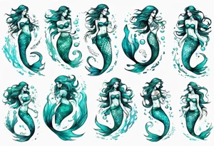 a turquoise mermaid standing in the sea surrounded by crashing waves tattoo idea