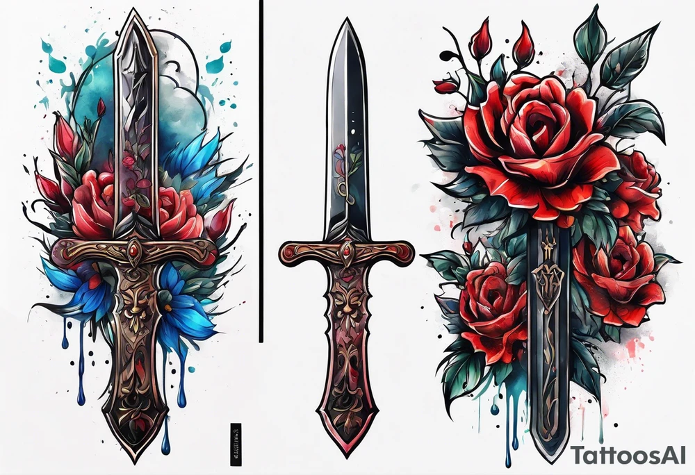 Bloody sword dripping into flowers tattoo idea